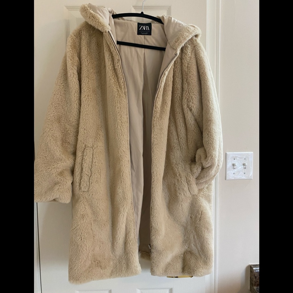 Zara faux fur coat with hoodie